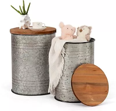 Galvanized Metal Decor Side Table With Wood Lid Coffee Table Storage Stool • $80.99