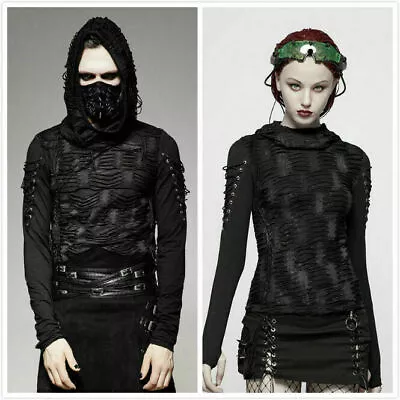 Punk Men Long Sleeves Hooded Black Steampunk Gothic Top Rock Visual Kei T-Shirt • $74.59