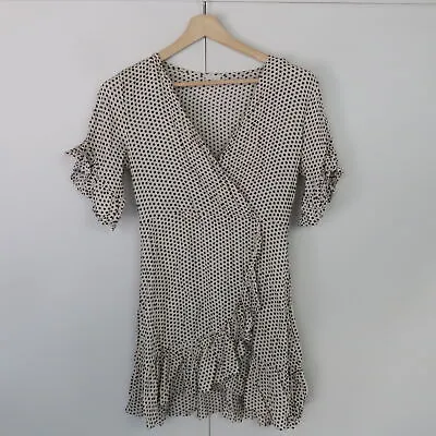 Oysho Womens Mini Dress Size 10 White Dot Pattern Short Sleeve V-Neck • $17.48