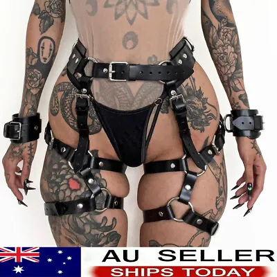 Erotic Leg Harness Straps With Handcuffs Women PU Leather Bondage Sexy Lingerie • $13.21