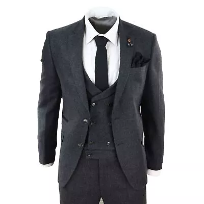 Mens Wool 3 Piece Charcoal Suit Double Breast Waistcoat Tweed Blinders • $146.89