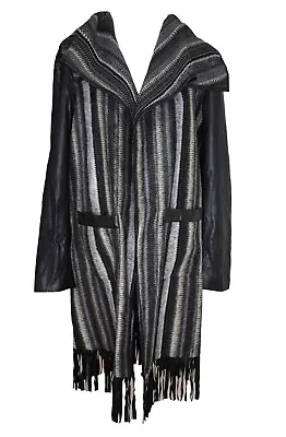 VAKKO VS 2 Jacket Wool Blend Fringe Faux Leather Striped Black Grey Duster Knit • $29.74