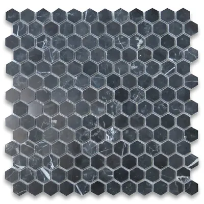 N31XP Nero Marquina Black Marble 1 Inch Hexagon Mosaic Tile Polished • $17.99