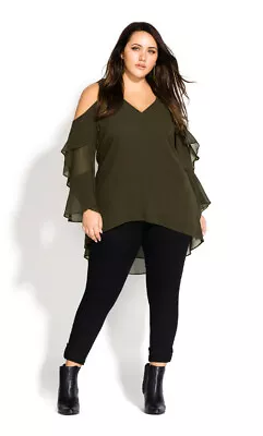 NEW CITY CHIC Military Green Cold Shoulder Ruffle Sleeve High/Low Top M 18W 2X • $67.02