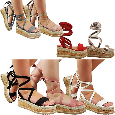 £7.95 • Buy Womens Ladies Flat Mid Wedge Platform Espadrilles Ankle Tie Summer Sandals Size
