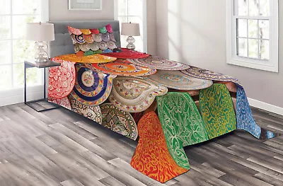 Moroccan Quilted Coverlet & Pillow Shams Set Traditional Colorful Print • $59.99