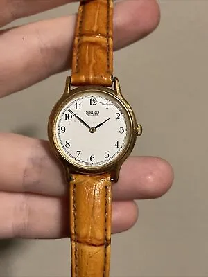 Vintage Seiko Quartz Breguet Round Watch Gold Case Tan Crocodile Grain Band • $16.75