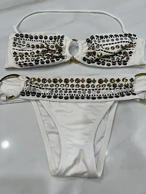 Victoria Secret Bikini Embellished Bandeau Top & Bottoms Grommet Metal Detail S • $34.99