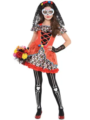 Child Girls Day Of The Dead Sugar Skull Senorita Fancy Dress Halloween Costume • £20.99