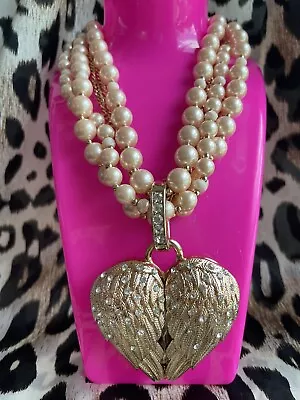 Betsey Johnson Get Your Wings HUGE Rose Gold Angel Heart Mirror Pearl Necklace • $124.99
