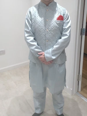 £64 • Buy Indian Wedding Men Clothes - Kurta & Mirror Jacket & Trousers Aqua Blue Set