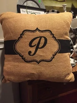 Monogram Initial Burlap Pillow   P  Trimmed In Black 17x17 • $12.99