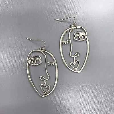 Unique Matte Silver Finished Picasso Face Design Drop Dangle Hook Earrings  • $9.29