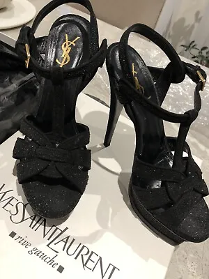 YSL Yves Saint Laurent Tribute Black Noir Glitter Ladies Heels • £145