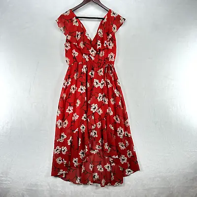Soprano Dress Womens Small Red Floral Faux Wrap Hi Low Chiffon Ruffle • $10.50
