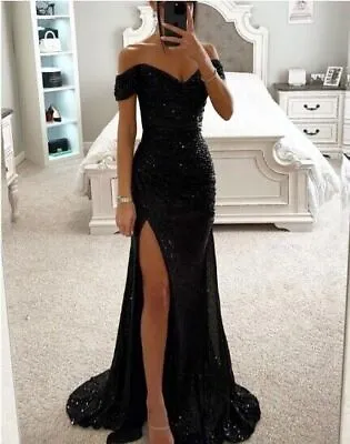 Gorgeous Off Shoulder Shine Sequins Bodycon Split Fishtail Gown Evening Dresses • £43.19