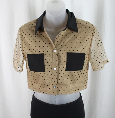 $79 • Buy Staud Women's Beige Black Polka Dot Mesh Cropped Button Down Shirt Top Size XS