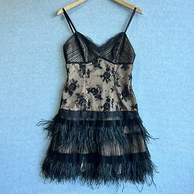 Vintage Gerry Shaw Dress Womens Sz 10 Black Gold Lace Satin Feathers Beaded 90s • $49.99