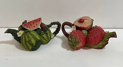 Pair Of Vintage 2  MINIATURE TEAPOTS Resin Fruit Motifs Strawberry Melon -Cute! • $9.99