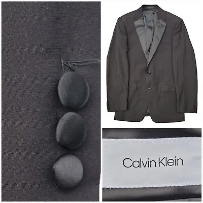 Calvin Klein Tuxedo Mens 40L Black Suit Jacket 2 Button Blazer Wool Sport Coat • $26.24