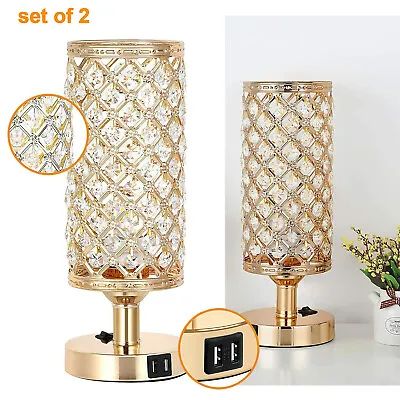$43.69 • Buy Set Of 2 USB Crystal Nightstand Lamp Bedside Table Lamps With 2 Charging Ports