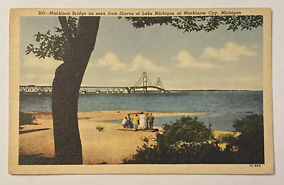 Vintage Postcard People On Beach Mackinac Bridge Lake Michigan • $4.90