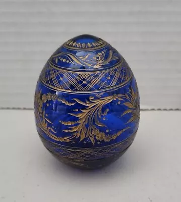 Faberge Cobalt Blue Etched & Gilded Gold Glass Egg Russian • $80