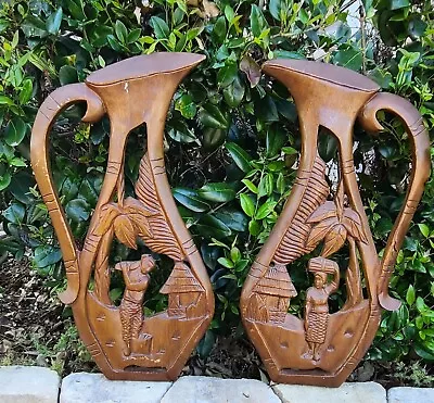 Vintage Set Of 2 Handcarved Wooden Water Pitchers Village Life Wall Decor 22” • $34