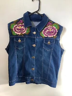 Denim Waistcoat With A Lot Of Colourful Embroidery Particularly On The Back • $35.37