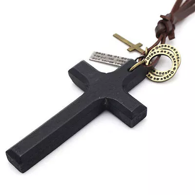 Vintage Wooden Cross Pendant Leather Rope Necklace Adjustable For Men Women • $7.98