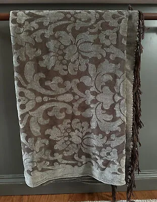 Restoration Hardware Wool Blend Fringed Throw Blanket Gray Brown Floral  70X53” • $130