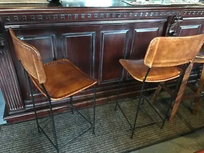 £289 • Buy Pair Of Vintage Leather High Back Bar Stools In Tan