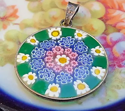 Estate Vintage Venetian Sterlin Silver AMV Murano Millefiori Glass Pendant Italy • $31.49