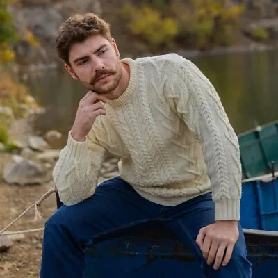 SAOL Aran Fisherman Sweater Men's 100% Merino Wool Irish Cable Knitted Pullover • $78.50