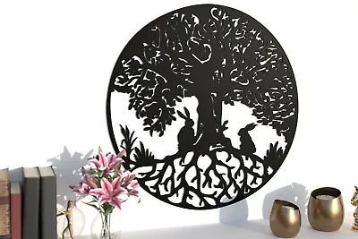 Matt Black Finish Tree Of Life And Hares/rabbits Metal Wall Art Home Garden Gift • £51.97