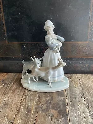 VTG Large Lladro Porcelain Figurine Girl With Lamb & Goats Spain 10  X 8 1/8  • $175