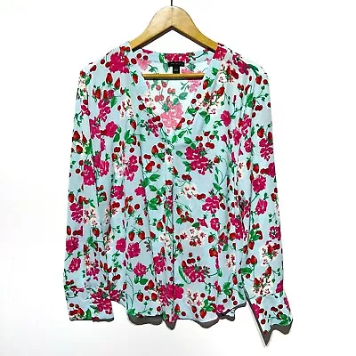 Ann Taylor Womens Long Sleeve Floral Fruit Print Top Blouse Size L V-Neck Career • $24.95