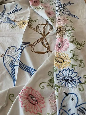 Vintage Hand Embroidered Tablecloth Blue Birds Basket Pink Flowers Bow 72  X 88  • $348.99
