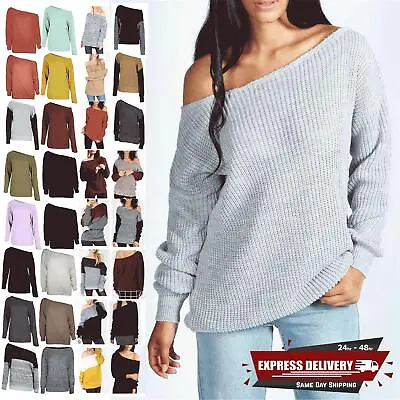 Womens Off The Shoulder Chunky Knit Jumper Ladies Oversized Baggy Sweater Top • £10.99