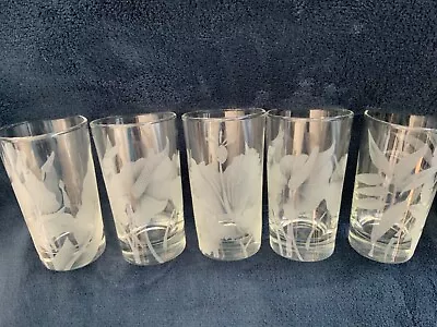 Set Of 5 Hawaiian Etched Floral High Ball Glasses Clear Vtg EUC 5”tall • $50