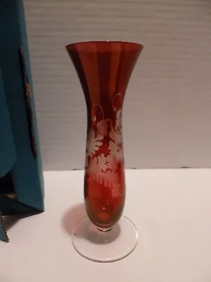 Vintage Cranberry Art Bud Vase With White Etching • $10