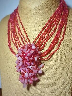 Hot Pink Seed Bead Peyote Stitch Multi Strand 16  Statement Necklace Dyed Stone  • $7.99