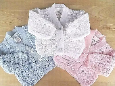 Baby Cardigan Boy Girl White Blue Pink Knitted V Neck Fancy Pattern 0 3m • £6.99