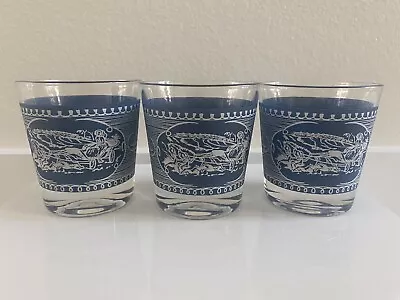 3 Vintage Currier & Ives Royal China Rocks Low Ball Glasses Blue Horse & Buggy • $15.99