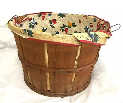 BUSHEL BASKET Wood Slat LINED Handles 1950s Apple Orchard CT Farmhouse Primitive • $44