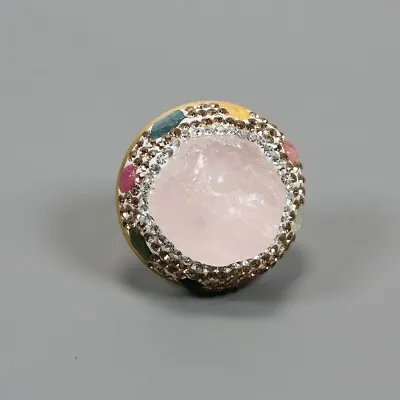 Pink Rose Quartz Rough Tourmaline CZ Paved 18K Yellow Gold Plated Ring Handmade • $3.99