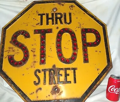 Antique Steel Reflector Red Cats Eye Glass Marble Street Stop Sign Non Porcelain • $876