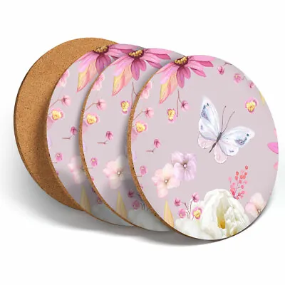 £7.99 • Buy 4 Set - Pink Flowers Roses Butterfly Coasters Kitchen Drinks Coaster Gift #14300