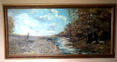 Original Horse Woodland Stream Oil On Board Painting Framed 40  X 20  Signed. • £19.99