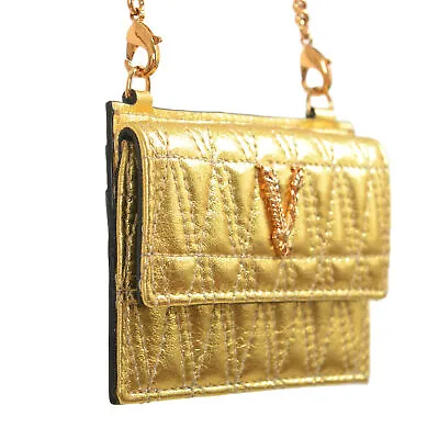 Versace Unisex Gold Quilted Leather Gold Chain V-Logo Card Case • $249.99